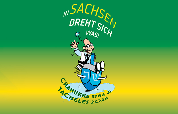 Ein Comic-M&auml;nnchen mit Glatze, Schl&auml;fenlocken und Gebetsschal sitzt auf einem vierseitigen Kreisel, auf dessen Fl&auml;chen hebr&auml;ische Schriftzeichen stehen. Die Kippa fliegt dem M&auml;nnchen vom Kopf.