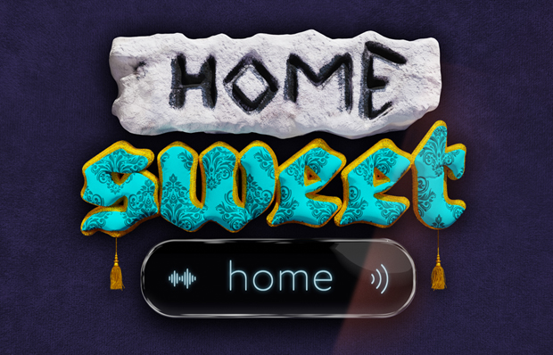 Die Grafik zeigt von oben nach unten: einen länglichen Stein mit dem Wort Home eingemeißelt, das Wort sweet als genähtes Polster und das Wort Home auf einem Digitalwecker