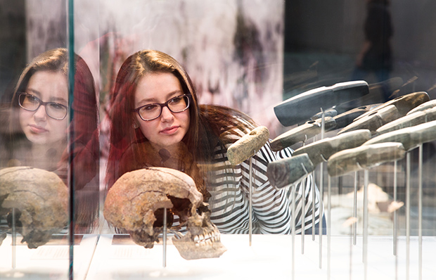 Eine junge Frau mit dunklen, langen Haaren schaut in eine Vitrine. In der Vitrine ist links ein menschlicher Schädel mit einem Loch, rechts zielen mehrere Steinbeile auf ihn.