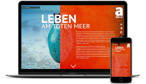 Foto eines Laptops und eines Smartphones mit der digitalen Ausstellung Leben am Toten Meer