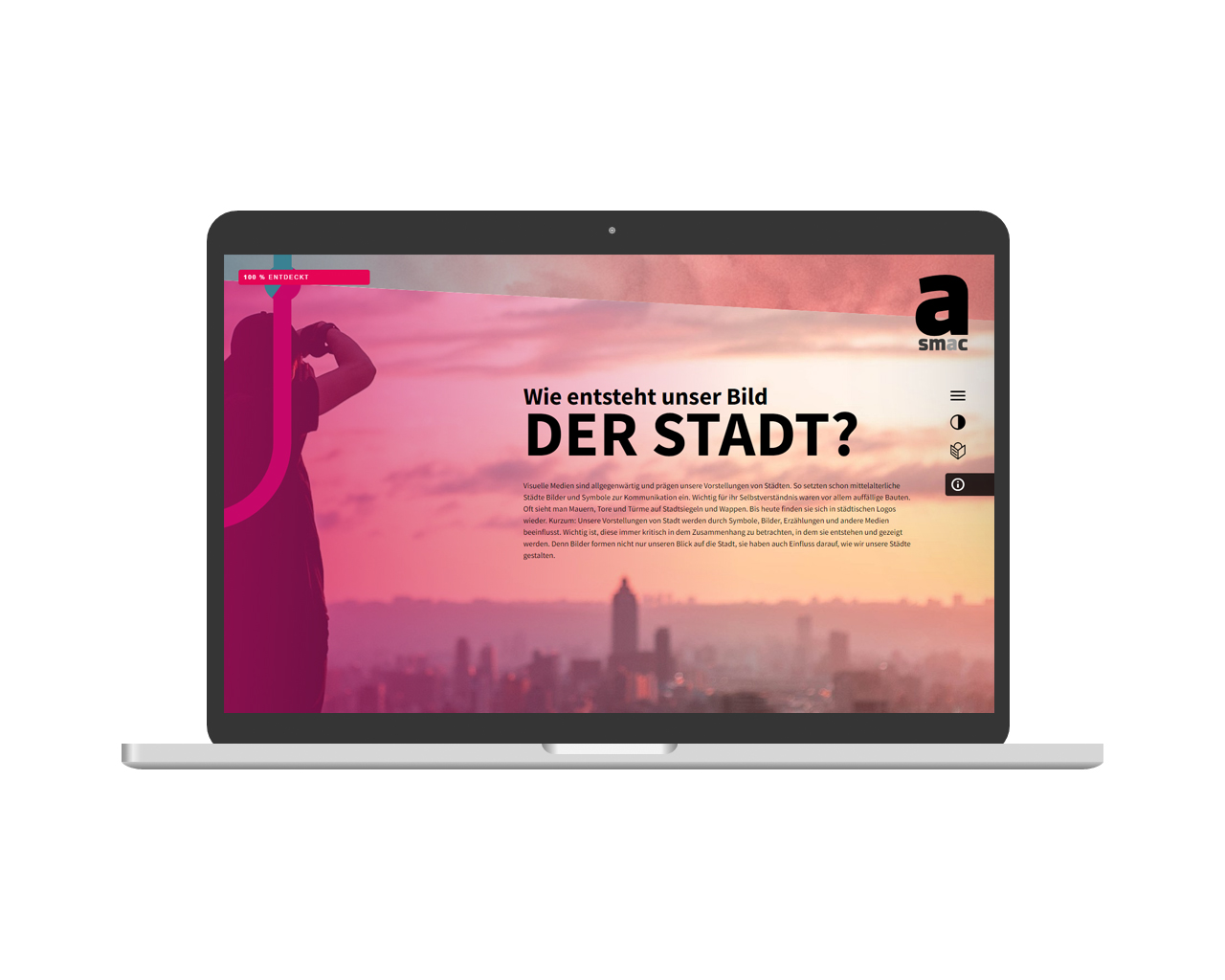 Laptop mit einem pinkem Bild und der Frage Wie entsteht unser Bild der Stadt?