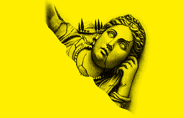 Auf leuchtend gelbem Hintergrund steht schräg im Bild die Büste einer antiken weiblichen Steinstatue. Auf leuchtend gelbem Hintergrund steht schräg im Bild die Büste einer antiken weiblichen Steinstatue.