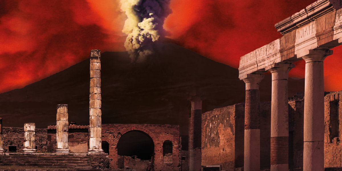 Grafik - Im Hintergrund ein rauchender Vulkan, im Vordergrund römische Ruinen