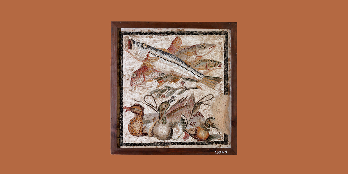Quadratisches Mosaik mit toen Fischen und gefangenen Enten
