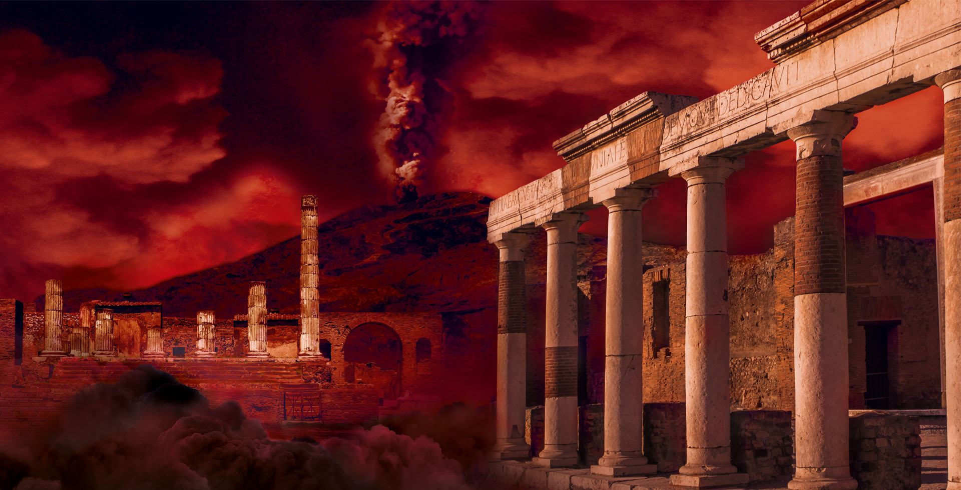 Grafik mit römischen Ruinen und einem rauchenden Vulkan.