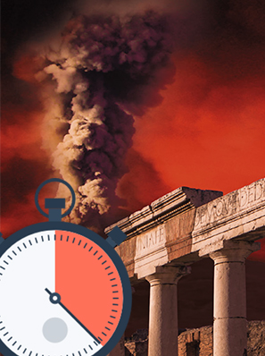 Eine grafische Stoppuhr mit roter 25-Minuten-Markierung auf einer Grafik mit rauchendem Vulkan und römischen Ruihnen.